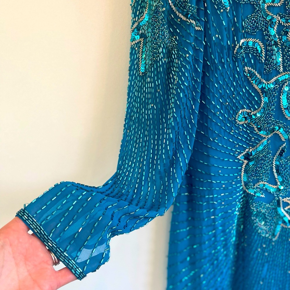 80s Vintage silk, sequin, sheer long sleeve dress (including shoulder pads!)
